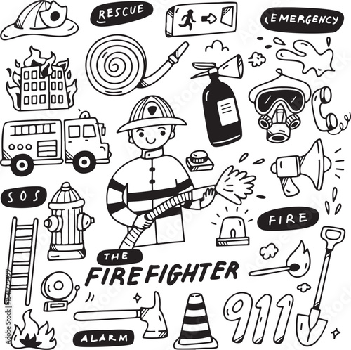 Firefighter Doodle Pack, Rescue Equipment Hand Drawn Icon, Fireman Tools Sketch, Emergency Helmet, Ladder Hose Axe Fire Truck