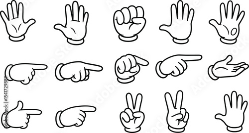 Set of Diverse Cartoon Hand Gestures, Various White Gloved Hands Pointing, Showing Open Palm, Fist, and Victory Signs, Isolated on White Background for Communication and UI Designs