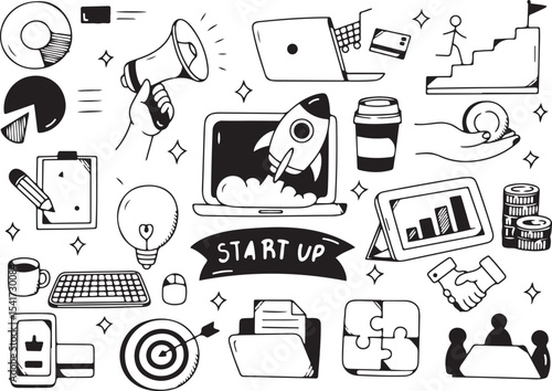 Startup Business Doodle Set - Laptop, Lightbulb, Rocket, SEO, Office Tools

