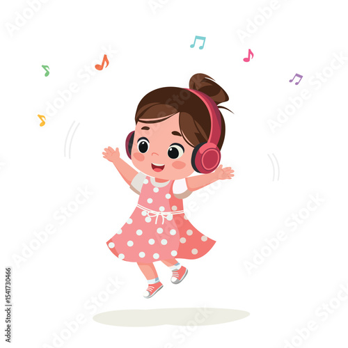 happy energetic girl listening to music in headphones cartoon vector illustration