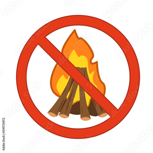 Vector sign "Forest fire prohibited" in cartoon style. Bonfires in the forest are prohibited. Bonfires are prohibited. Firewood. Danger. Isolated on white background.