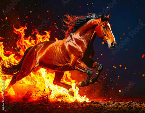 Image of a red fire horse galloping through the flames, symbol of the year 2026 according to the Eastern calendar. AI, Illustration, Generation, Generated image.