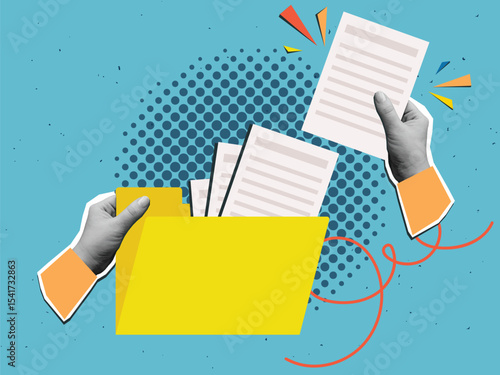 Hands takes a document from a yellow folder. Modern collage style. Vector illustration