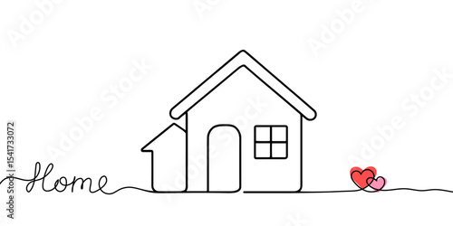Home Sweet Home Continuous Line Icon, Love for home symbol in continuous line drawing style. Line art of heart with house. Vector illustration. Abstract background, Heart inside house continuous one. 