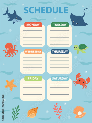 Weekly kids schedule with cute sea animals. Ocean timetable template. Underwater themed planner for children