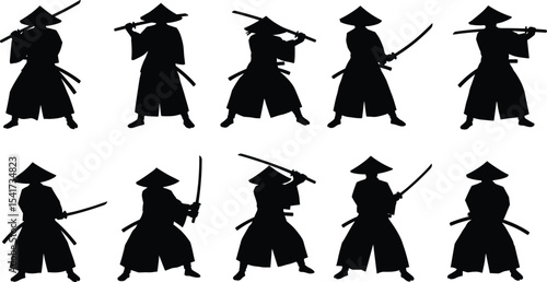 Samurai warrior silhouette collection, traditional Japanese fighters, katana swordsmen poses, black and white vector design, bushido combat stance art, martial arts vintage illustration, ninja concept