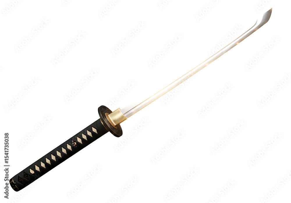 Katana A Japanese sword with a white blade black handle wrapped with white cord and a gold circular guard Katana A Japanese sword with a white blade black handle wrapped with white cord and a gold circular guard