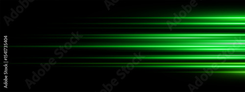 Green laser streaks across dark background with glowing neon energy and fast motion. Futuristic techno vibe with sparkle, blur and digital shine. Perfect for sci fi party posters. Vector illustration.
