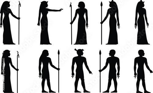 Ancient Egyptian silhouette figures, pharaoh priestess characters with staffs and ankhs, mythology culture artwork, traditional black vector icons for history, heritage,