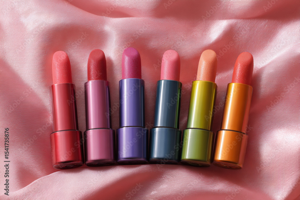 Obraz premium Vibrant collection of lipsticks displayed on soft satin fabric in pastel colors