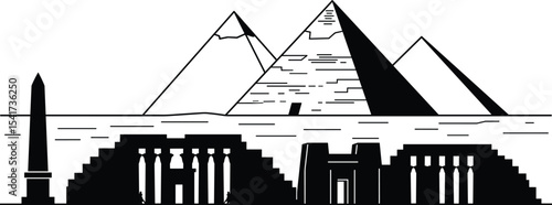 Ancient Egyptian pyramids and temples silhouette illustration, historical landmark icons, Giza pyramid vector, cultural heritage monuments, black line art, traditional architecture for educational 