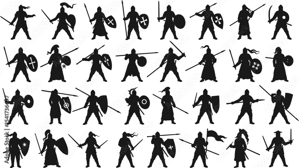 Medieval warrior silhouette collection, knight with sword and shield, ancient fighters in battle pose, historical combat figure design, warrior vector graphic for fantasy illustration Medieval warrior silhouette collection, knight with sword and shield, ancient fighters in battle pose, historical combat figure design, warrior vector graphic for fantasy illustration