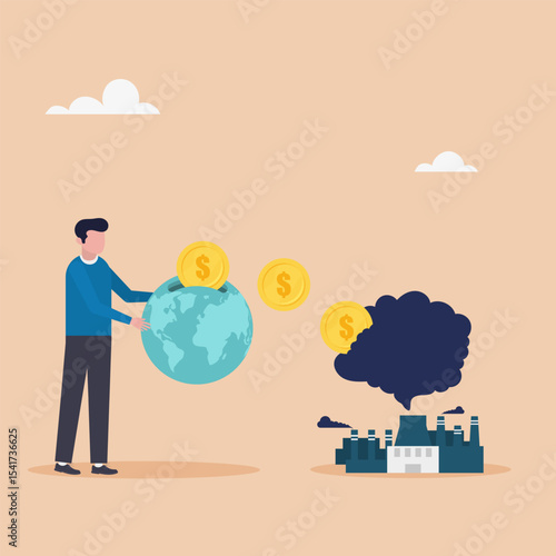 Pay money for burning fossil fuels. Paying carbon tax as a concept of paying for CO2 emissions in a factory. Reducing greenhouse gas emissions. Vector illustration.	