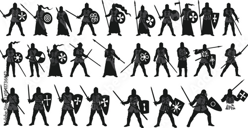 Medieval knight warriors with shields and swords in silhouette vector style, ancient battle-ready fighters, historical combat gear illustration, warrior defense posture collection for design