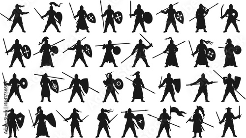 Medieval warrior silhouette collection, knight with sword and shield, ancient fighters in battle pose, historical combat figure design, warrior vector graphic for fantasy illustration