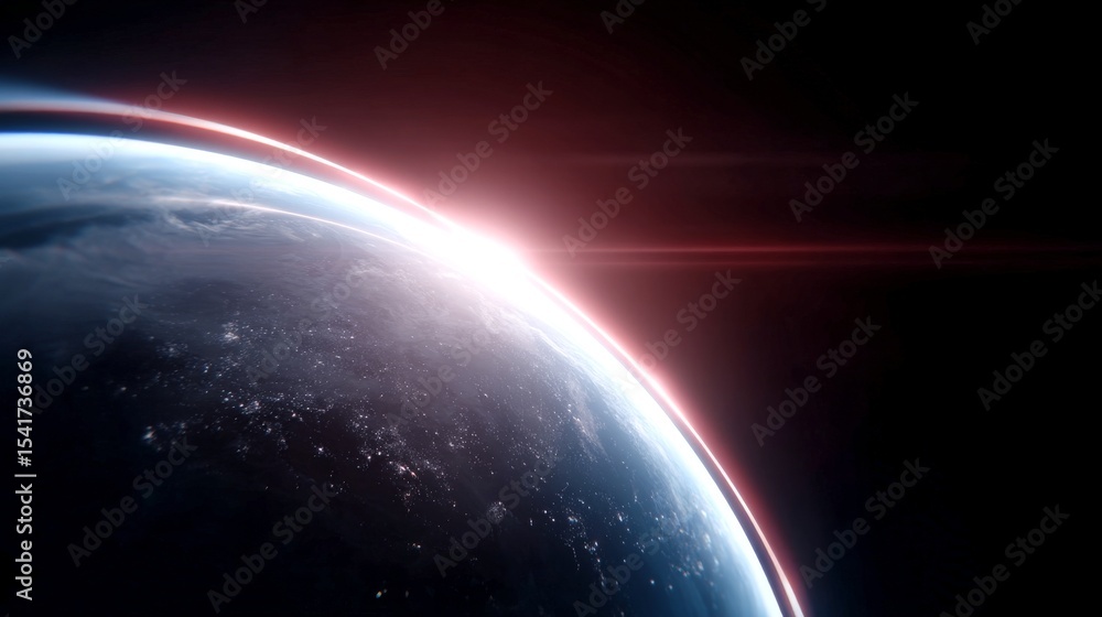 Fototapeta premium A breathtaking view of Earth from space, showcasing the vibrant colors of sunrise. This stunning image captures our planet with a glowing atmosphere in a cosmic backdrop. Ideal for digital art. AI