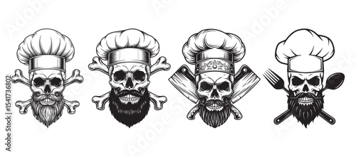 Skull chefs with beard and mustache wearing toque and crossbones vector illustration