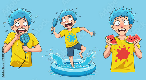 Cartoon boy expressing various emotions while playing summer games  