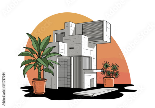 Abstract architecture with plants in modern graphic style  