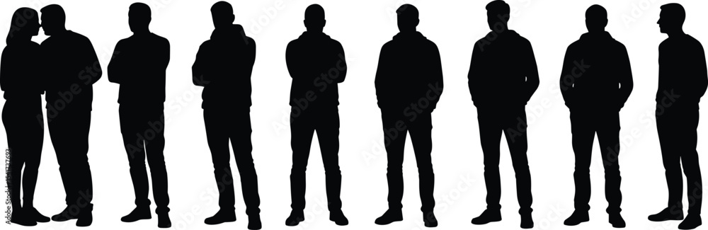 Silhouette group of people, standing pose, men and woman, casual clothing, black vector illustration, shadow figure, side view Silhouette group of people, standing pose, men and woman, casual clothing, black vector illustration, shadow figure, side view
