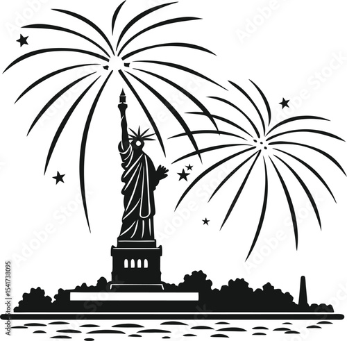 Statue of Liberty and fireworks over a tropical island beach with a sunset skyline