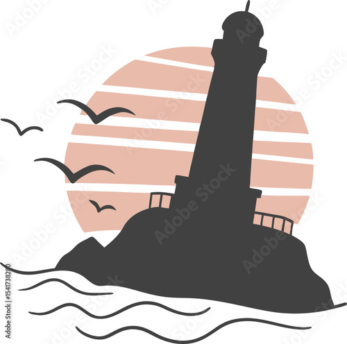 An artistic illustration of a lighthouse, a historic stone monument of architecture, towering against the sky