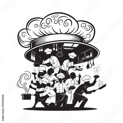 Professional kitchen staff preparing food under chef hat vector illustration in black and white