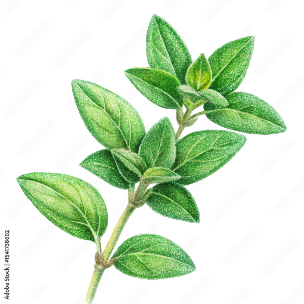 Botanical illustration, fresh thyme sprig, vibrant green leaves Botanical illustration, fresh thyme sprig, vibrant green leaves