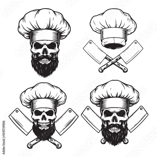 Skull chefs with beard and chef hats vector set for culinary designs