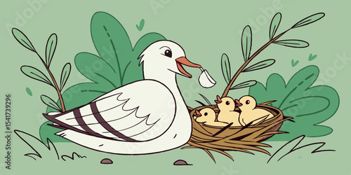 Green mother bird feeding chicks love , affection and interest animals  white background vector illustration .
