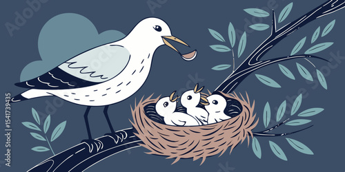 white  mother bird feeding chicks love , affection and interest animals  navy blue background vector illustration .
