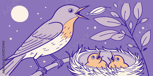 Purple  mother bird feeding chicks love , affection and interest animals purple background vector illustration .
