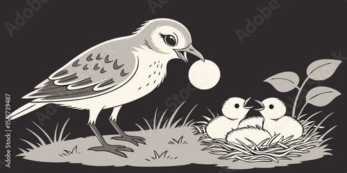 white mother bird feeding chicks love , affection and interest animals  black background vector illustration .
