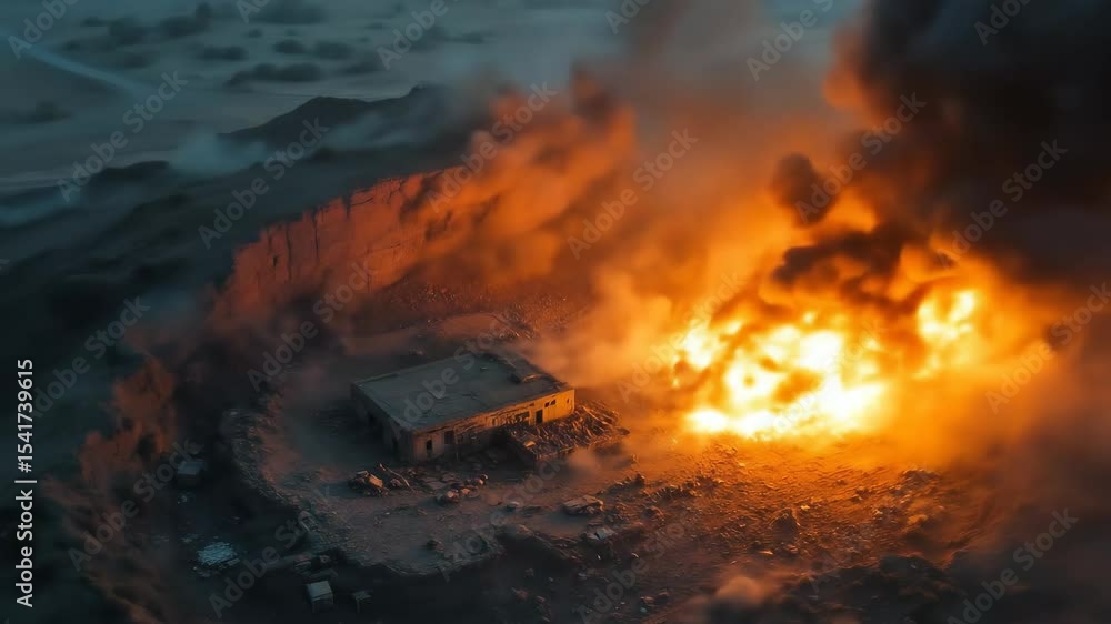 Desolation aftermath of a fiery conflict aerial view of ruined structure Desolation aftermath of a fiery conflict aerial view of ruined structure