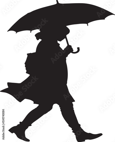 Silhouette of Person Walking with Umbrella in Rain, Dark Monochrome Photography
