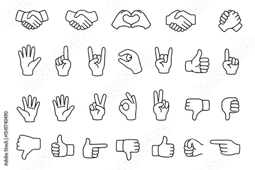 Set of various hand drawn hand gestures. Doodle style. Ideal for communication, sign language and educational materials.