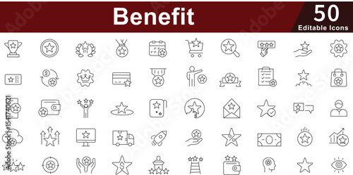Benefit Rewards Icon Set - 50 Editable Employee Benefits Icons for HR, Incentives and Corporate Perks Vector Collection