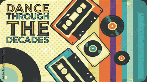 Retro music background with cassette tapes and vinyl records in vintage style design concept with text