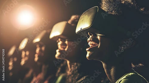 Joyful Group Experiencing Virtual Reality Technology Together