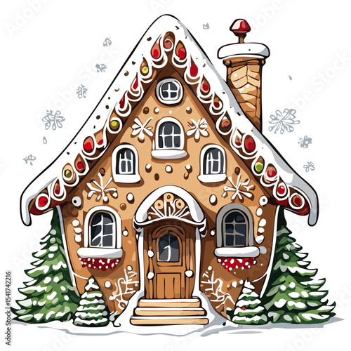 Gingerbread house vector color illustration in sketch style. Line art Christmas baking and treats on isolated background.