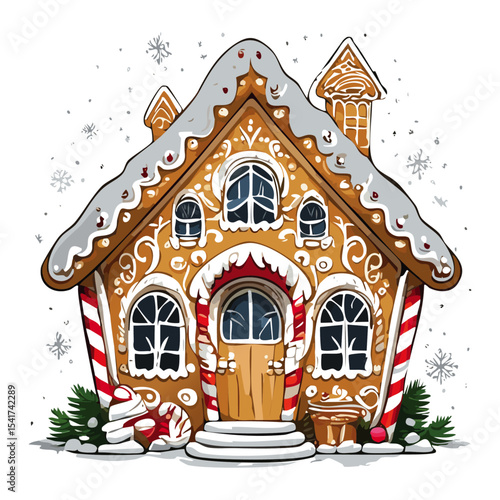 Gingerbread house vector color illustration in sketch style. Line art Christmas baking and treats on isolated background.