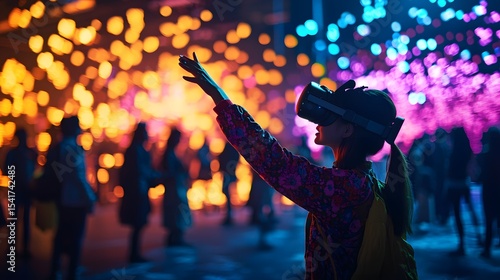 Joyful Woman Enjoys Virtual Reality Experience at Colorful Event