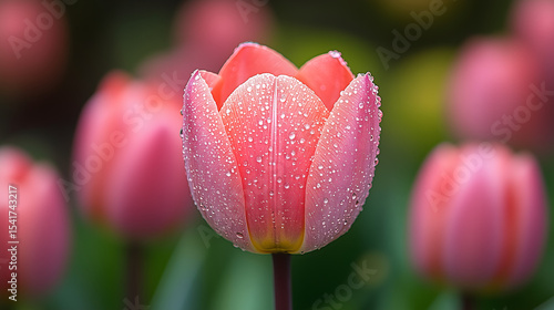 A vibrant tulip adorned with delicate dew drops in a lush garden.