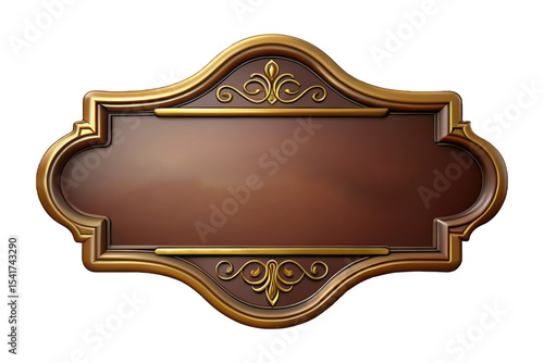 Brown elongated banner, gold ornate border, vintage nameplate, decorative plaque