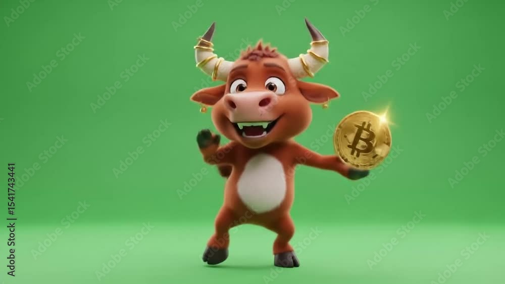 Animated dancing bull character holding a shining bitcoin coin on green background in various poses