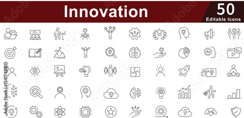 Innovation Icon Set - 50 Editable Creative Development Icons for Startup, Research and Digital Transformation Vector Collection