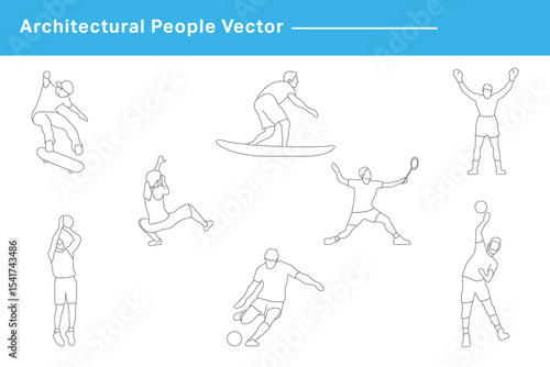 CAD Drawing. Vector illustration of men, women doing sport, soccer, badminton, basketball etc, in front back and side view. Symbol for architecture and landscape design drawing.	
