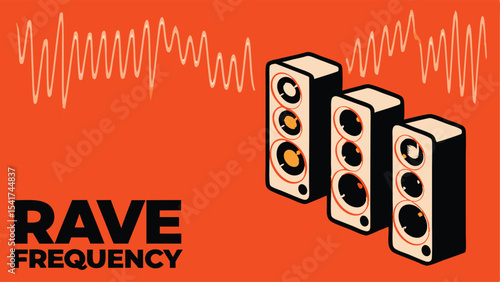 Illustration of three speakers with a sound wave on an orange background with rave frequency text art