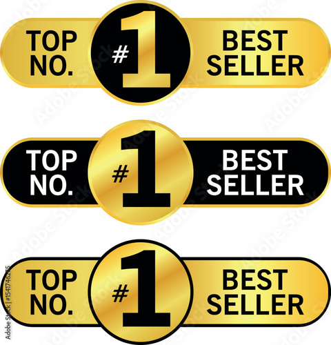 Top No. 1 best seller badge set in shiny gold and black theme showing product ranking and sales achievement label	