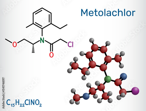 Metolachlor molecule. Chloroacetanilide herbicide used for pre-emergent weed control in agriculture